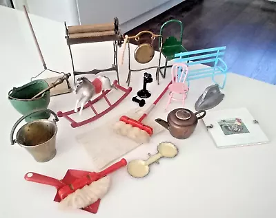 £12.99 • Buy Vintage Doll's House Lot: Mangle Rocking Horse Gong Chair Kettle Broom Buckets..