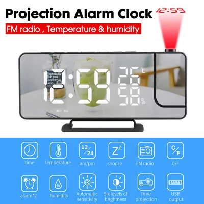 $29.73 • Buy 7.4  LED Large Mirror Projection Digital Alarm Clock Snooze FM Radio Temperature