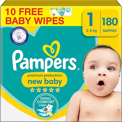 Pampers Premium Protection New Baby Size 1 180 Nappies 2Kg-5Kg Monthly Pack + • £34.99