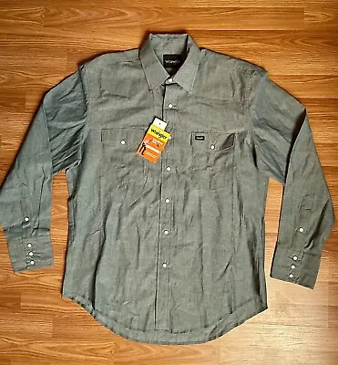 NOS Vintage Wrangler Pearl Snap Cowboy Cut Shirt Chambray Size Large Long Sleeve • $22.49