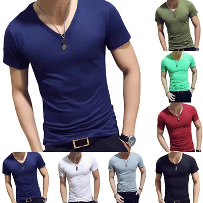 $7.66 • Buy Men Short Sleeve V-Neck T-Shirt Gym Fitness Slim Fit Tops Casual Shirts Simple