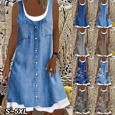 $12.70 • Buy Womens Beach Loose Sundress Plus Size Ladies Casual Sleeveless Midi Dress AU