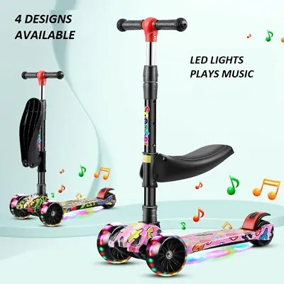 Kids Kick Push Scooter LED Light Up 3 Wheels Folding Adjustable With Seat 3-12yr • £29.99