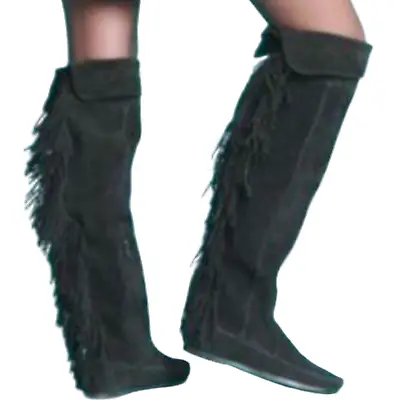 New Minnetonka Black Over The Knee Suede Fringe Boots Shoes Size 6 • $39.99