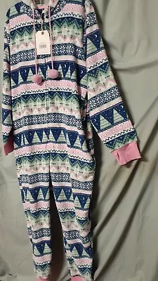 Munki Munki Pajama Blue Pink Snowflake Theme 1 PIECE LONG Hood X-Large 50  BUST • $35.95