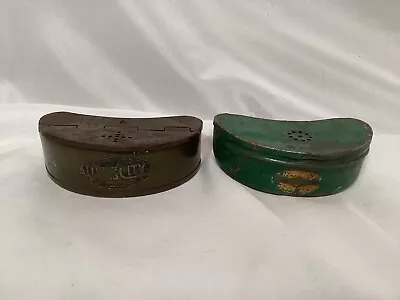 Two Antique Tin Metal Cricket / Worm Bait Box With Original Paint / Belt Loops • $28