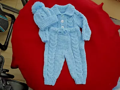 £16.95 • Buy Hand Knitted Baby Boy's Jacket, Trousers And Hat Set- Approx 0 To 3 Mnths