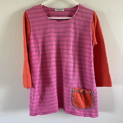 Margaret Winters Cotton Color Block Sweater Textured Womens Size Small Pink • $25
