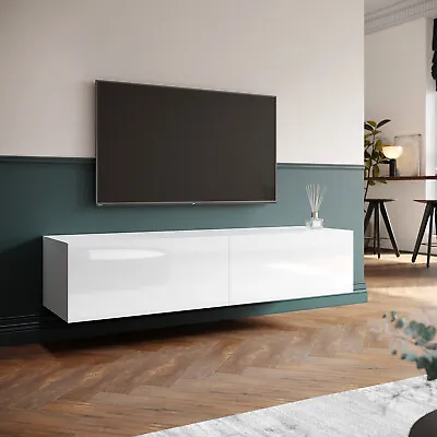 White Floating TV Unit Cabinet Wall Mounted High Gloss Entertainment Unit 140cm • £69.98