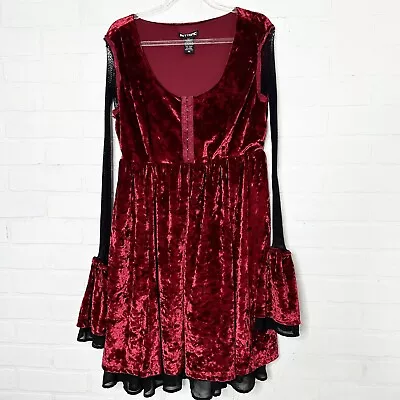 Hot Topic Dress Women's Medium Velvet Burgundy & Black Fishnet Corset Babydoll • $24.87