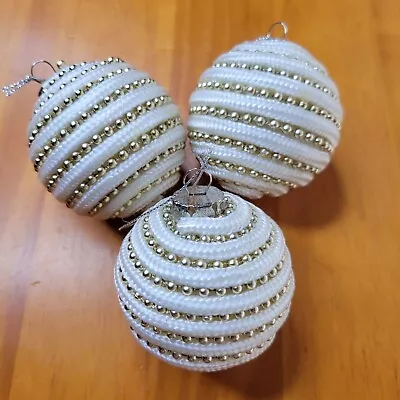 Lot Of 3 Vintage White Braid & Gold Beaded Wrapped Christmas Ornaments Stunning • $12