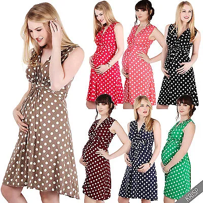 £21.99 • Buy Maternity Clothing Pregnancy Polka Dot V Neck Dress Stretch Pleated Skirt Summer