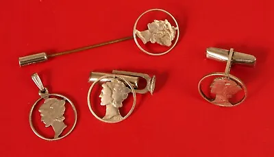 Vintage Mercury Dime Coin Cut-out Cufflink Pendant Hat Pin Set Needs Repair !!! • $45
