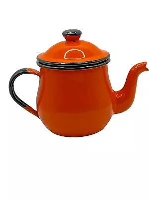 Teapot Enamelware Small 2 Cup Orange With Black Trim 5  Tall • $13