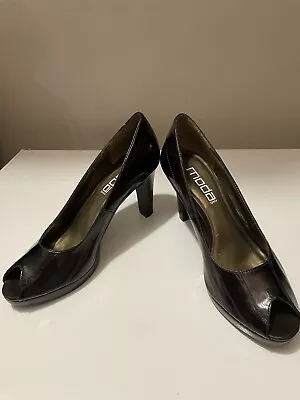Moda Spana Women's Pumps Shoes Brown Patent Leather High Heel Open Peep Toe 8M • $20.97