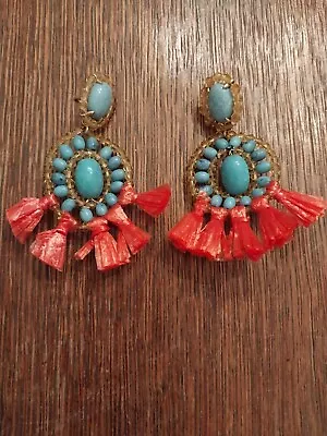 J Crew Faux Turquoise Raffia Earrings Tassel Fringe Boho Beaded Dangle Pierced • $8