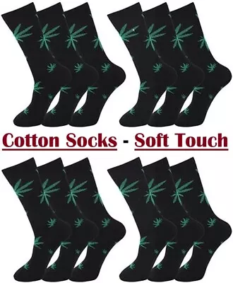 12 Pairs Men Ganja Weed Leaf Print Cannabis Designer Rich Cotton Socks 6-11 Size • £12.99