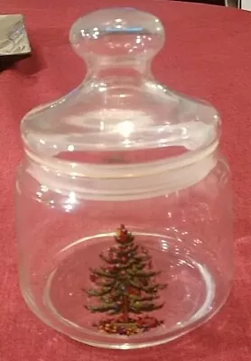 Vintage France Spode Christmas Tree Santa Glass Candy Jar Canister 6  Gold Rim • $13