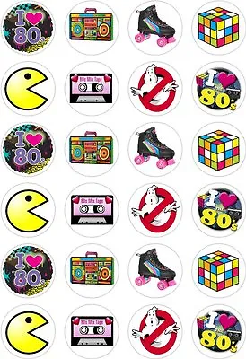 24 80's Eighties Retro Party Cupcake Fairy Cake Toppers Edible Rice Wafer Paper • £2.95