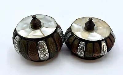 2 India Vintage Mother Of Pearl Trinket Boxes Mixed Metal Tones Artisan Crafted • $19.95