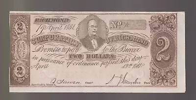 1861 $2 Corporation Of Richmond VA  Two Dollar Upham Counterfeit Virginia Note • $89.50