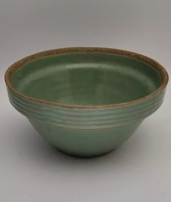 Vintage 7  Stoneware Bowl Ribbed Green Maple Leaf  W  Logo Stamp Western Pottery • $15.95