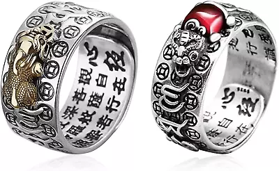 6 Pieces Feng Shui Ring Silver Pixiu Ring For Men Adjustable Mantra Protection R • $11.24