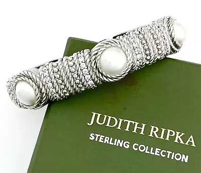 JUDITH RIPKA Sterling Silver DIAMONIQUE MABE PEARL Wide Hinged Cuff Bracelet • $120