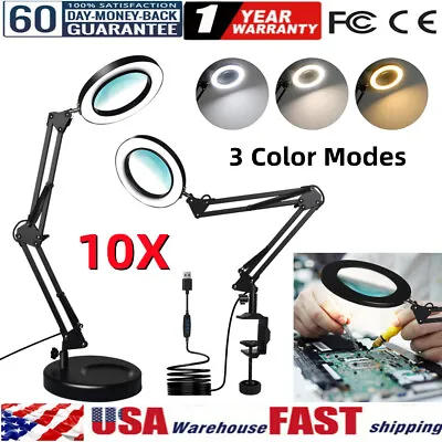 $14.99 • Buy 10X Magnifying Glass Desk Light Magnifier LED Lamp Reading Lamp With Base& Clamp
