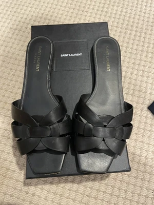 $500 • Buy Ysl Saint Laurent Tribute Sandals Slides Black 39.5 8 Rrp$1100