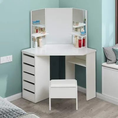 £149.99 • Buy White 5 Drawers Dressing Table&Stool Set Corner Makeup Desk With Mirror Dresser