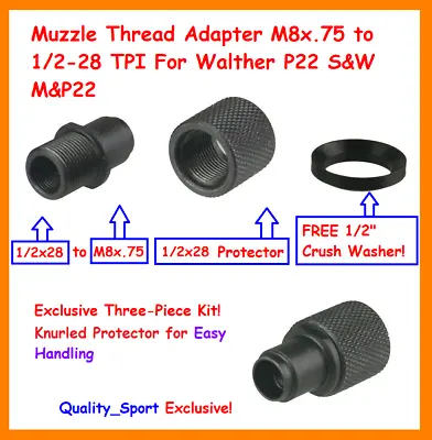 3-Piece Kit Muzzle Thread Adapter M8x.75 To 1/2-28 TPI For Walther P22 S&W M&P22 • $15.99