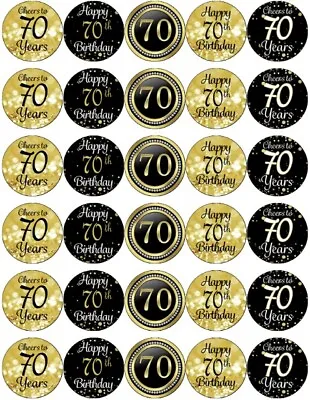 30x 70th Birthday Black And Gold Edible Wafer Paper Cupcake Toppers Fairy Cakes • £2.50