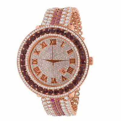 Men's Pink Rose Gold Tone Brown Cz's XXL Bezel New W/ Date Wrist Custom Watch • £192.75