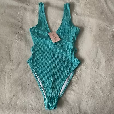 New Ladies Misguided Teal Crinkle Textured Swimsuit Size 10 • £10