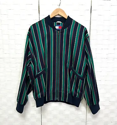 Vintage Tommy Hilfiger Jacket Mens Medium Green Blue Striped Full Zip 80s RARE • $38.25