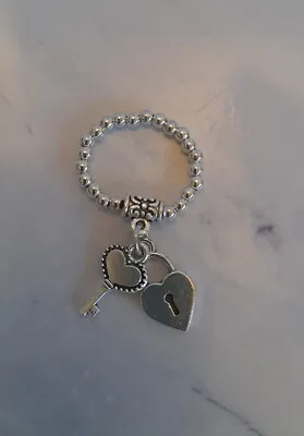 New Silver Bead Elasticated Ring With A Padlock & Key Charms - Costume Jewellery • £4.50