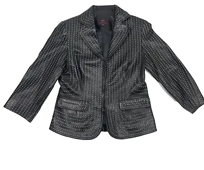 Vakko Woman's Black White Stitched Leather Long Sleeve Clasp Hook Jacket Sz M • $78