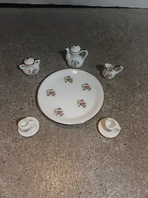 Miniature Dollhouse Tea Set 10-piece White Bone China Floral Pink Rose Gold Trim • $10