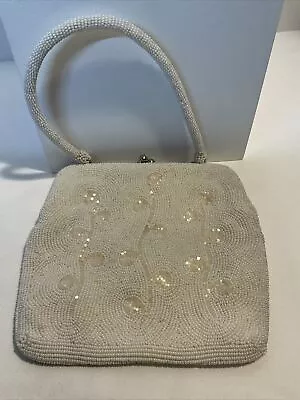 Vintage White Beaded Purse Hand Clutch - Wedding • $15.95