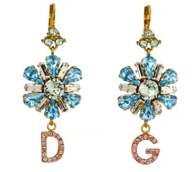 DOLCE & GABBANA Blue Pink Floral DG Logo Crystals Dangle Drop Earrings Jewelry • £495