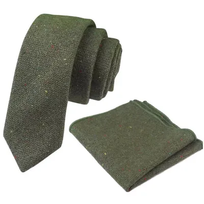 £22 • Buy Olive Green Flecked Tweed Wool Skinny Tie & Pocket Square Set. Great Reviews.