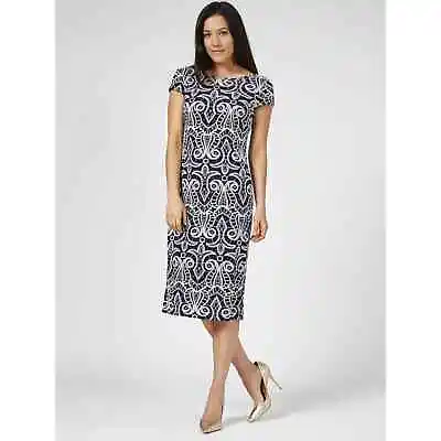 NEW QVC Ronni Nicole Short Sleeve Puff Print Dress Size UK 10 Navy White • £15