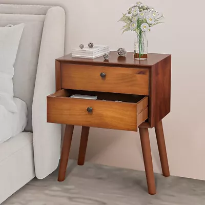 Modern Nightstand Table Mid Century Dark Brown 2 Drawer Solid Wood • $34.99