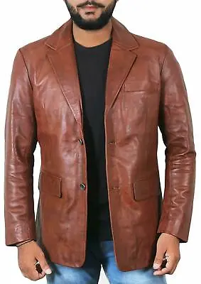 Men's Leather Blazer Two Button Jacket High Quality Lambskin Antique Brown Coat • $119.20