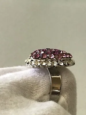 Vintage Ring In Silver P Size Is Adjustable Petite Ring With Pretty Pink Stones • $22