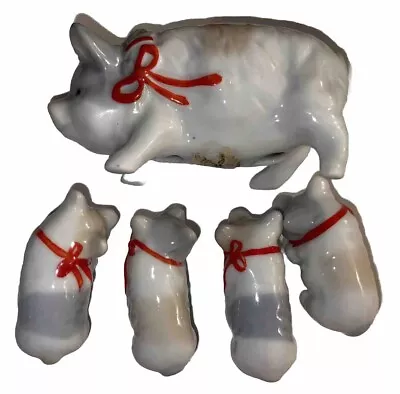 Takahashi Porcelain Pig Family Figurines Vintage Japan Set Of 5 Spring Farm Mom • $15