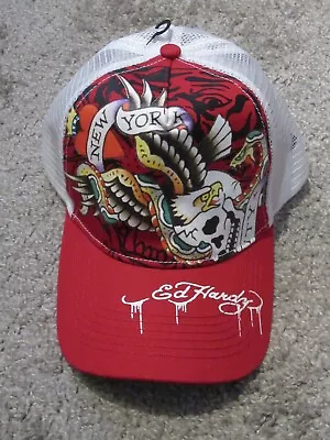 Ed Hardy New York Snapback Mesh Trucker Hat Cap Skull Snake Eagle Red • $49.99