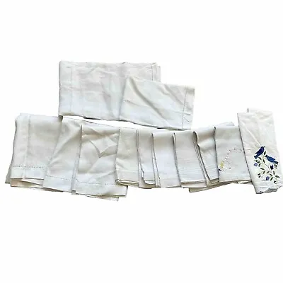Vintage Table Linen Lot Linen Cotton Runner Napkins 12 Pieces Stitch White Flaws • $24.99