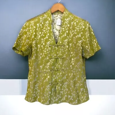 Women's Vintage Asian Green Silver Floral Brocade Mandarin Blouse Shirt Top - M • $38.50